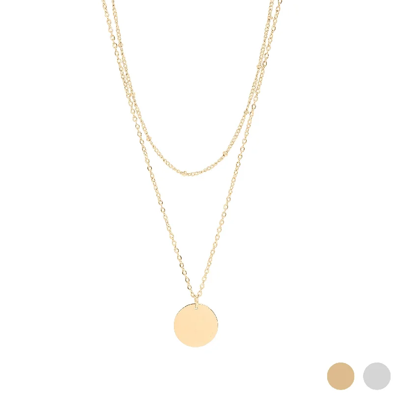 women's necklaces with love pendant -18K Gold PVD Stainless Steel Loop and Satellite Chain Blank Disk Layered Necklace / CHN0001