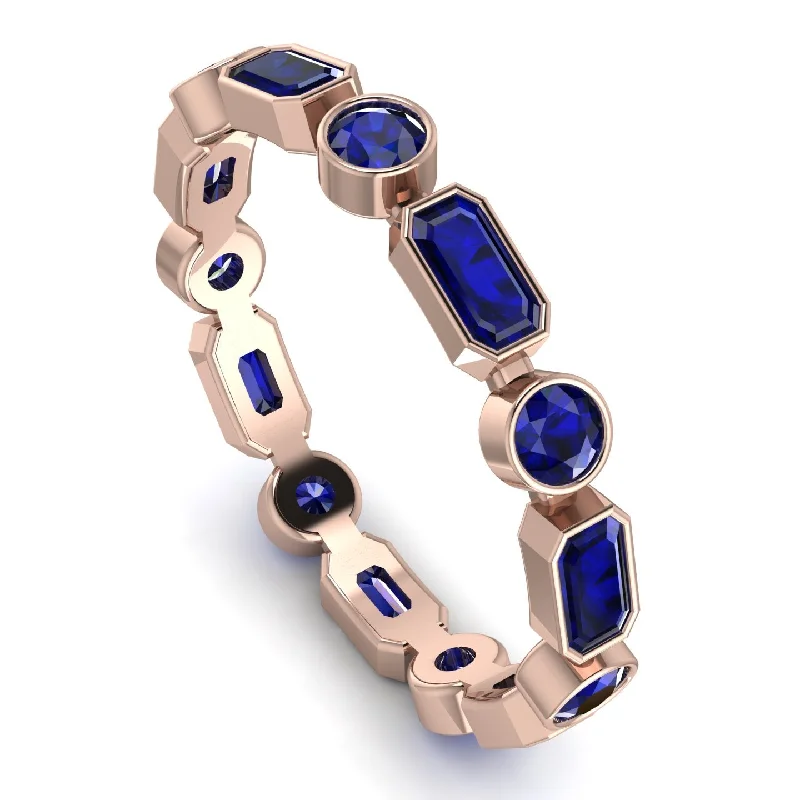 women's rings with bold design -Emerald Cut Blue Sapphire Bezel Eternity Ring - Genevieve No. 74