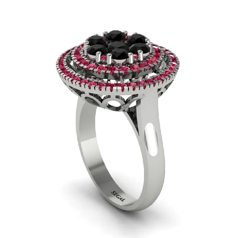 women's rings floral design -Vintage Double Halo Black Diamond Cluster Ring - Nanette No. 54