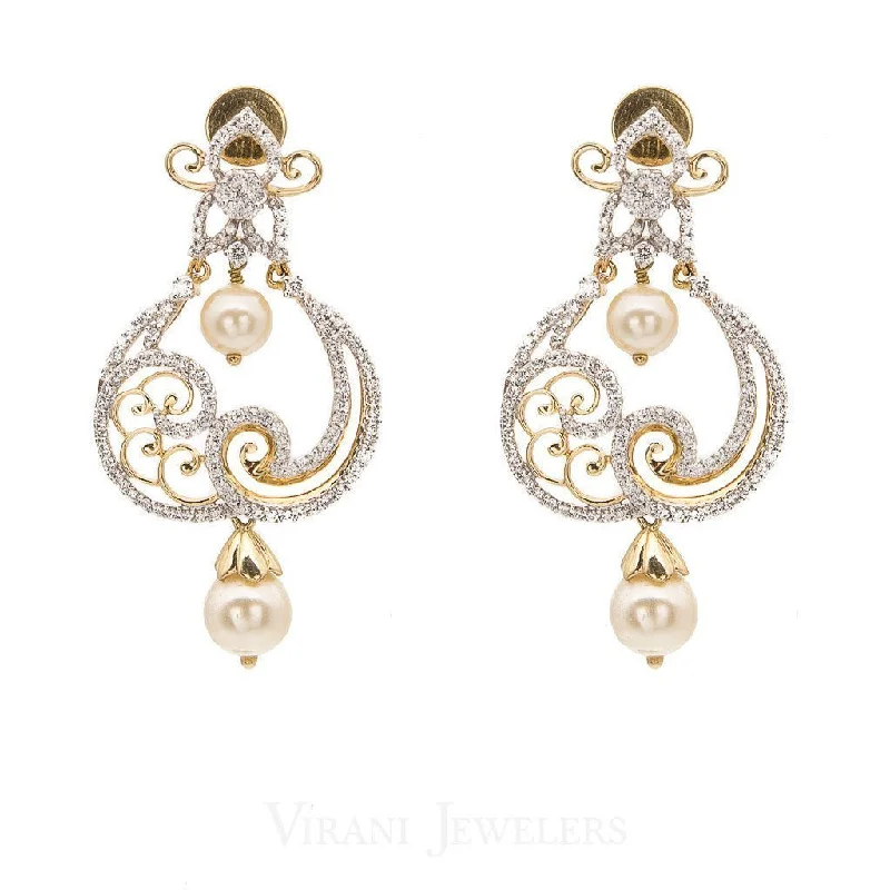 women's earrings with modern twist -1.49CT Diamond Filigree Drop Earrings Set In 18K White Gold W/Centered Drop Pearls