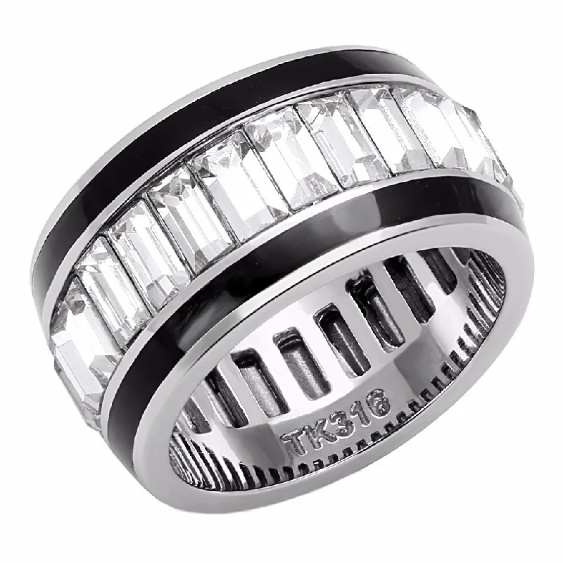 women's rings with clean lines -Clear Baguette Cut CZ All Around Ring in Stainless Steel Eternity Wide Band