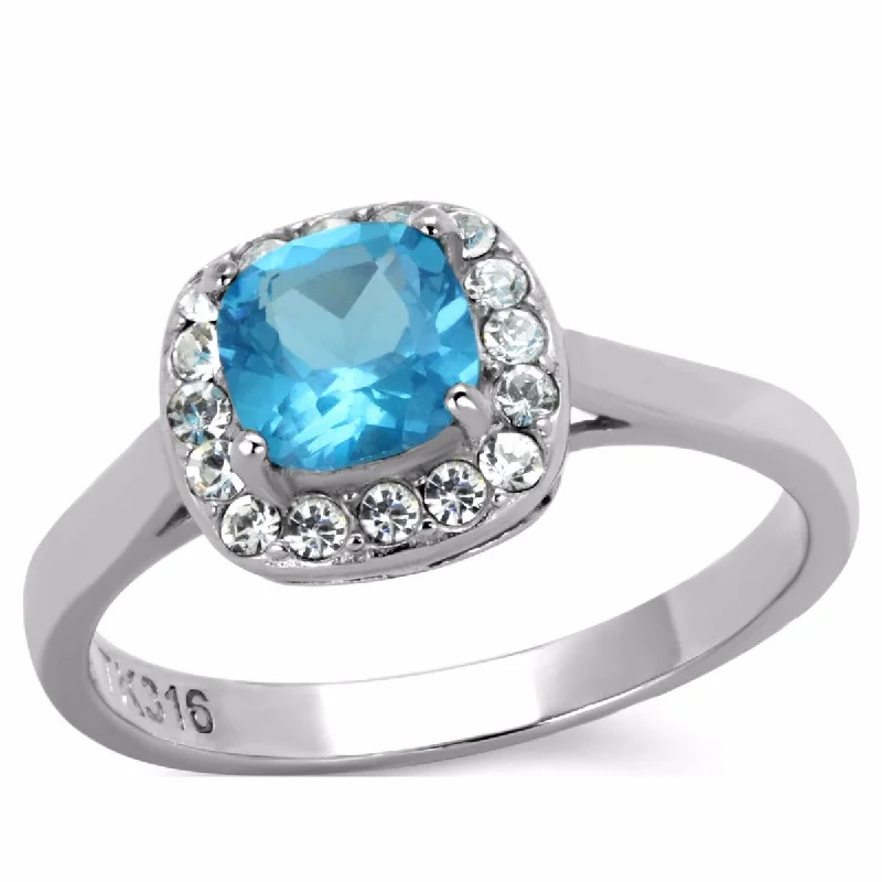 women's rings minimalistic design -Women's 6x6mm Cushion Cut Sea Blue CZ Center Stainless Steel Cocktail Ring