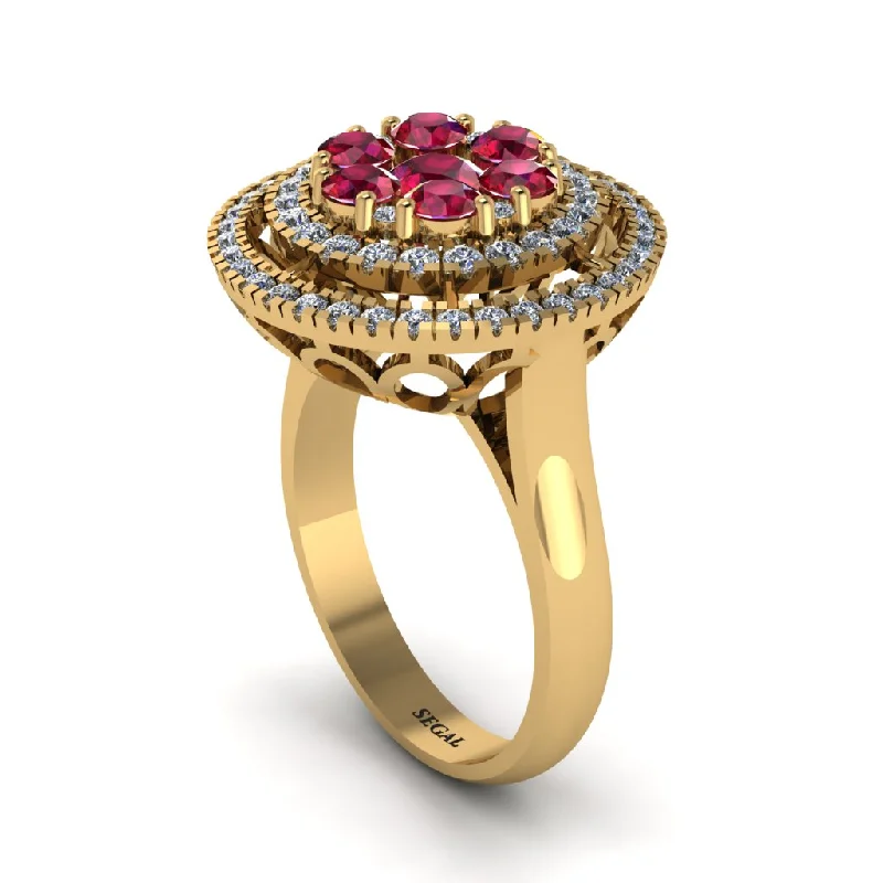 women's rings with alternating diamonds -Vintage Double Halo Ruby Cluster Ring - Nanette No. 10