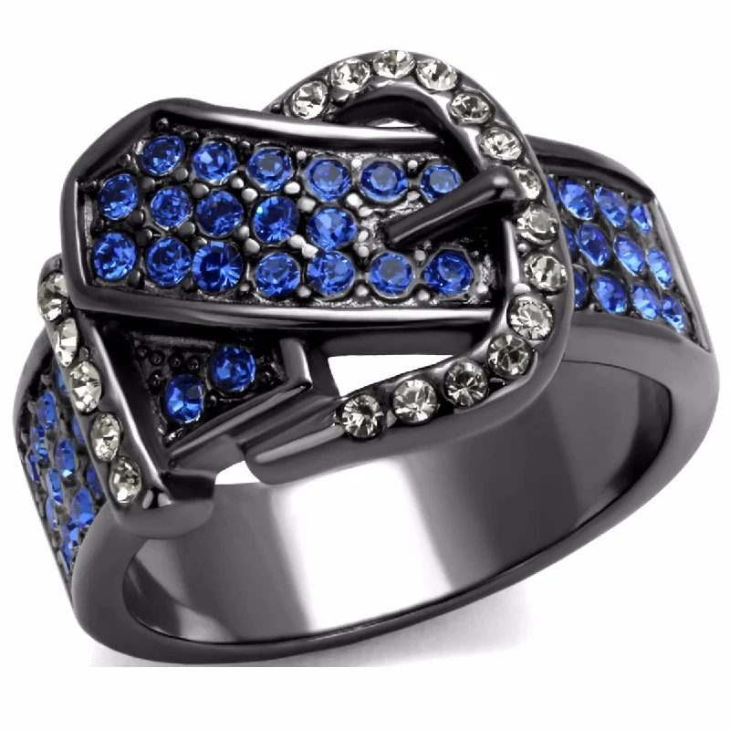 women's rings stacked with matching bands -Royal Blue Multi Color Crystal IP Light Black Stainless Steel Belt Buckle Ring