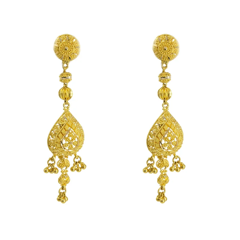 women's earrings with intricate details -22K Yellow Gold Drop Earrings W/ Hanging Ball Accents & Teardrop Pendant