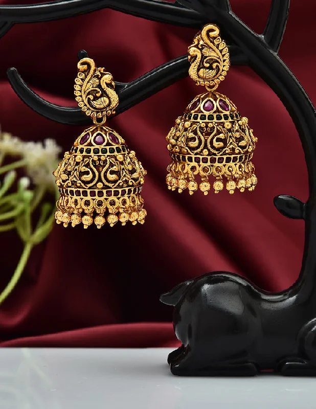 women's earrings with flower petals -Designer Peacock Kempu Jhumka Earrings