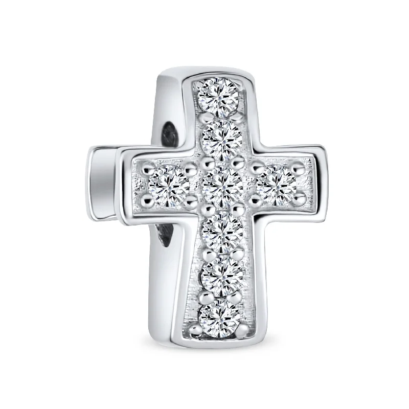 engagement rings with emerald accents -Simple Sparkling CZ Cross Charm Bead for Communion & Weddings Sterling Silver Fit