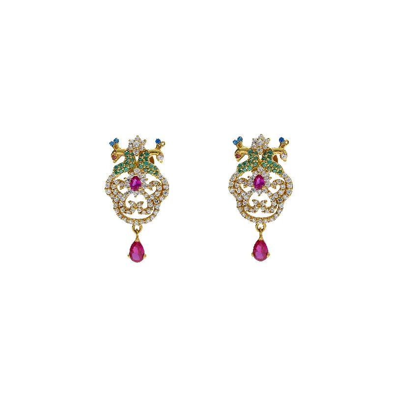 women's earrings with gemstones -22K Yellow Gold Drop Earrings W/ CZ, Rubies, Emeralds & Paisley Peacock Design