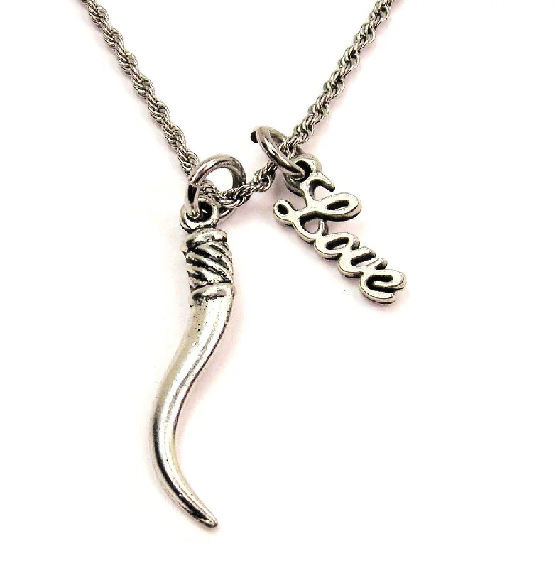 women's necklaces short and dainty -Cornuto Horn 20" Chain Necklace With Cursive Love Accent