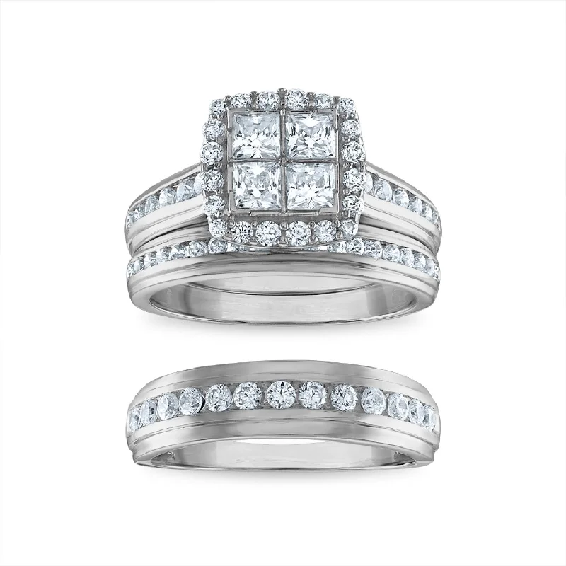 engagement rings with heart-shaped stones -EcoLove 2 CTW Lab Grown Diamond Halo Wedding Trio Set in 10KT White Gold