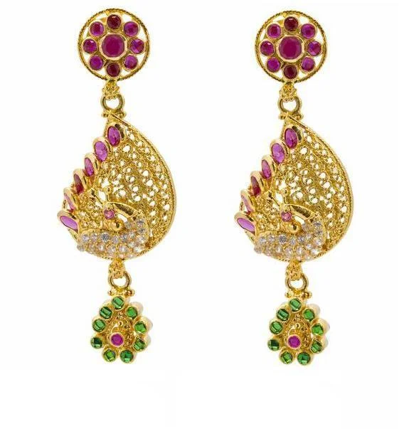 women's earrings for statement looks -22K Yellow Gold Peacock Earrings W/ Rubies, Emeralds, & Cubic Zirconia