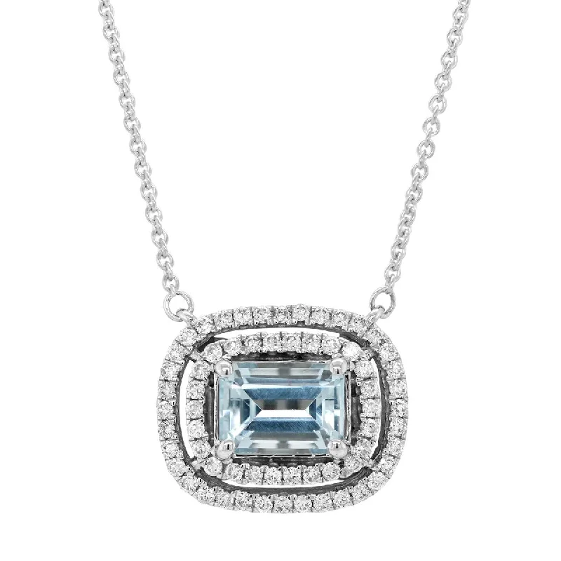 women's necklaces with elegant style -WHITE GOLD NECKLACE WITH EMERALD CUT AQUAMARINE AND DIAMOND HALO, .33 CT TW