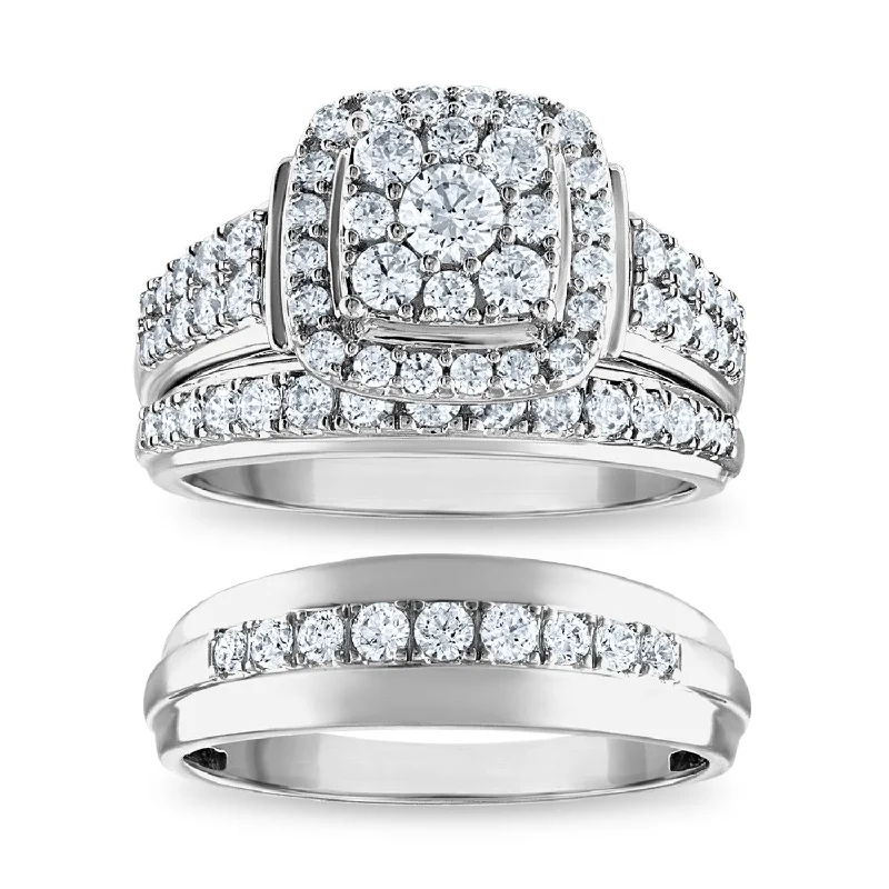 engagement rings gold -EcoLove 1-1/2 CTW Lab Grown Diamond Halo Wedding Trio Set in 10KT White Gold