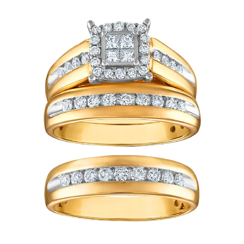 engagement rings with emerald -1 CTW Diamond Cushion Shaped Wedding Trio Set in 10KT White and Yellow Gold