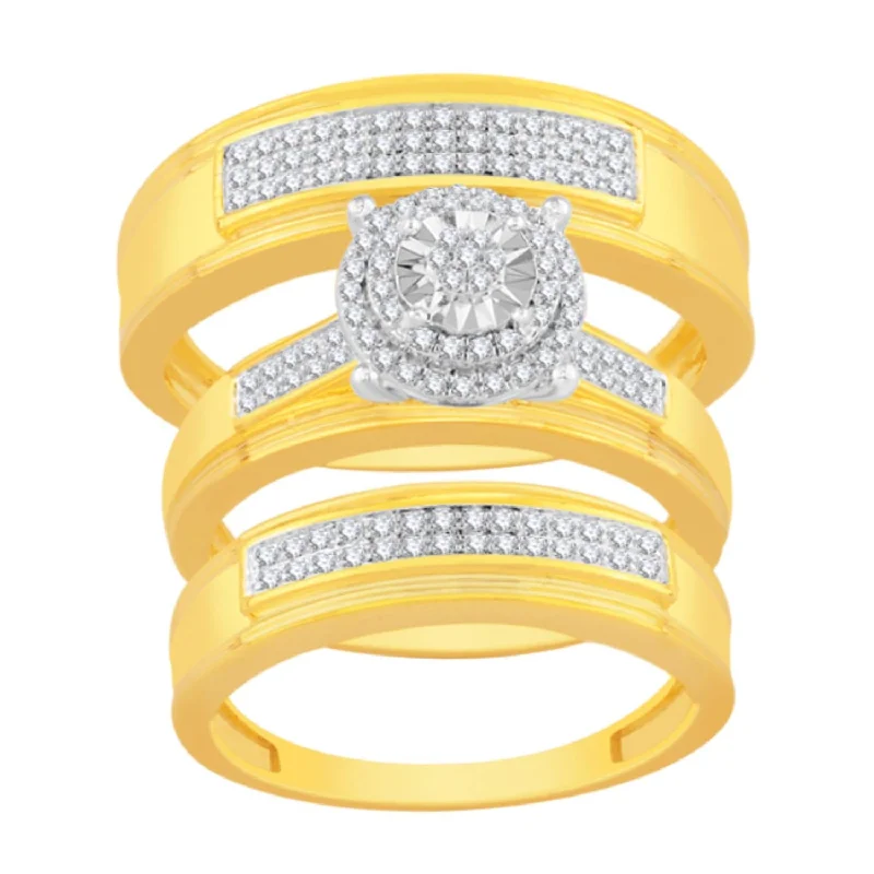 engagement rings with side stones -3/8 CTW Diamond Halo Wedding Trio Set in 10KT Yellow Gold