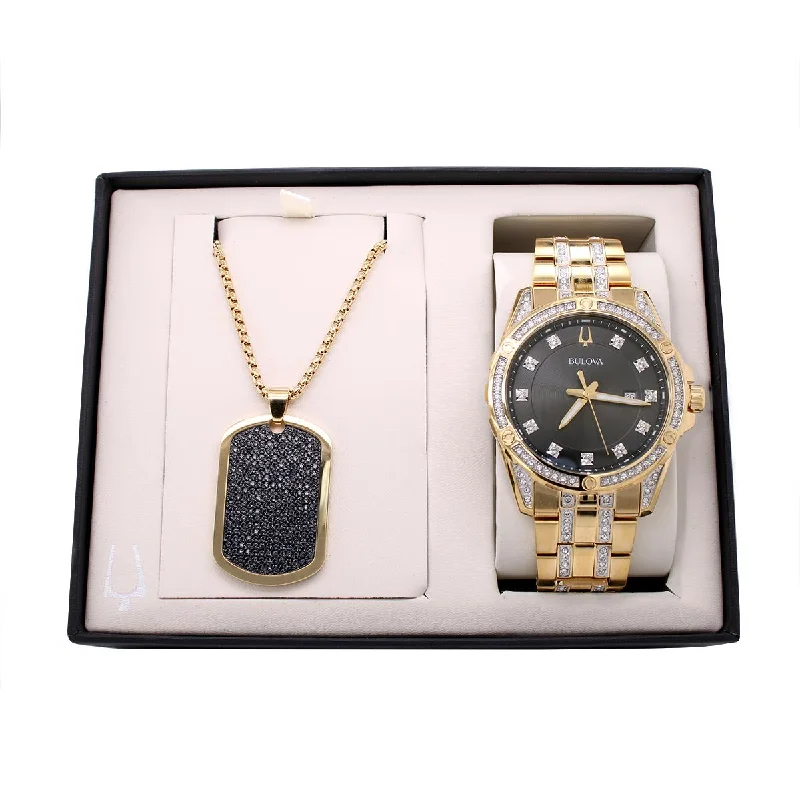 women's necklaces with crown pendant -MEN'S YELLOW TONE STAINLESS STEEL WATCH AND NECKLACE