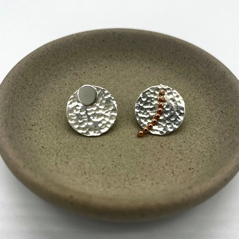 women's earrings with modern twist -Beaded Bar Rose Gold Bar Climber Stud Earring - Argentium Silver Textured Disc - Ear Jacket