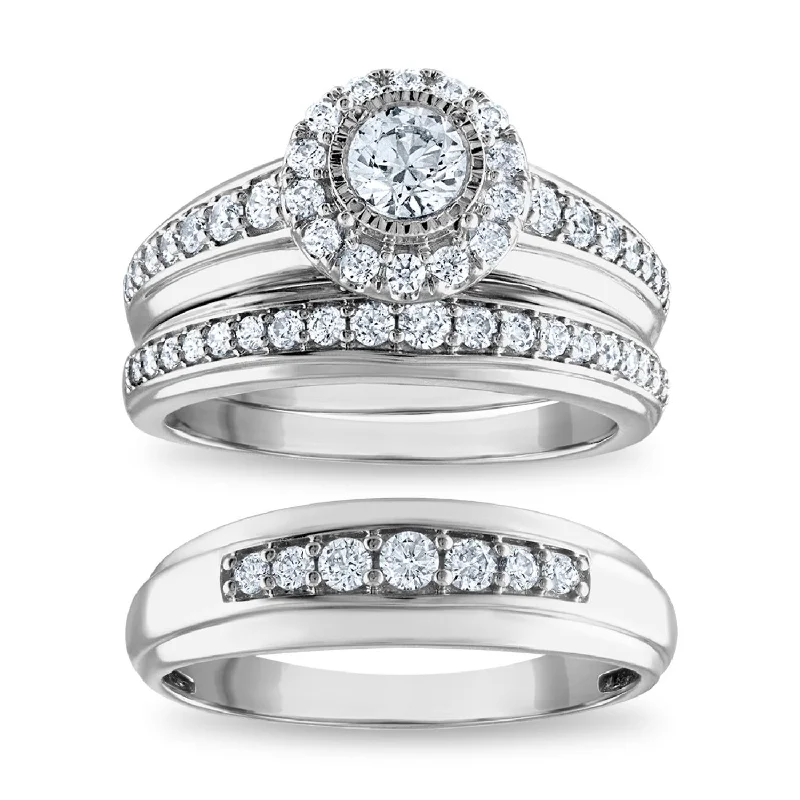 engagement rings with oval diamond -EcoLove 1 1/4 CTW Lab Grown Diamond Halo Wedding Trio Set in 14KT White Gold