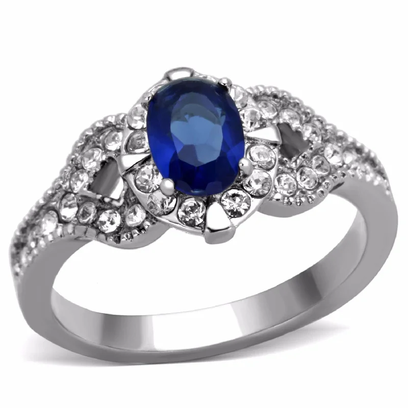 women's rings luxury -Women's 7x5mm Montana Blue Oval Cut CZ Center Stainless Steel Cocktail Ring