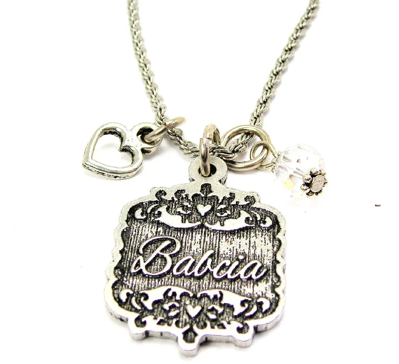 women's necklaces with diamond pendant -Babcia Victorian Scroll With Open Heart And Crystal 20" Stainless Steel Rope Necklace