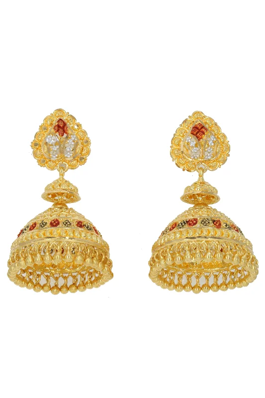 women's earrings with minimalist design -22K Yellow Gold Ornate Patterned Jhumki Gold Earrings