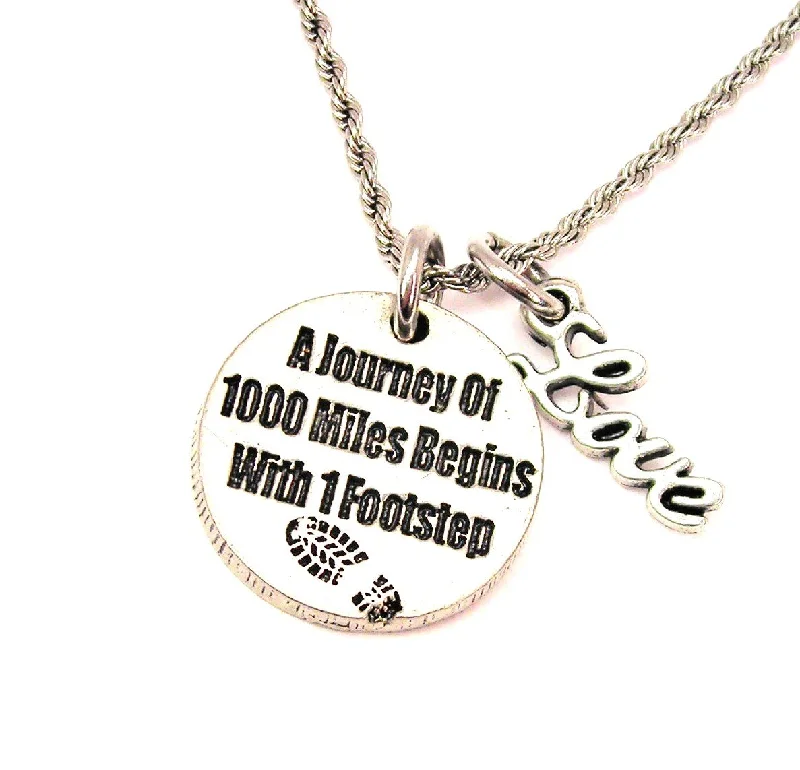 women's necklaces silver -A Journey Of 1000 Miles Begins With 1 Footstep 20" Chain Necklace With Cursive Love Accent