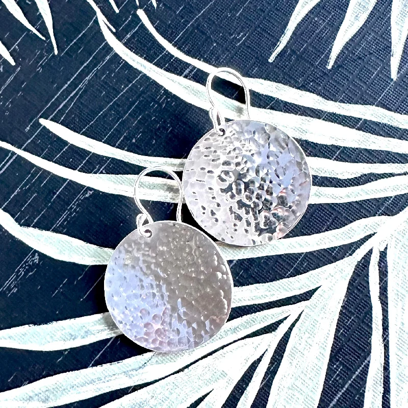 women's earrings with flower design -Steel Pan Silver Hammered Disc Earrings - Nickel Free Hypoallergenic