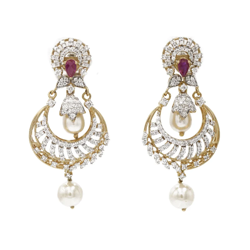 women's earrings bold design -1.75 ct Diamond drop earrings in 18k Yellow Gold with Ruby stones and Pearls