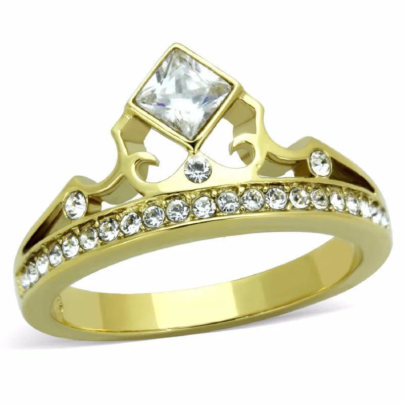 women's rings with matching earrings -Women's Clear Princess CZ Crown Shape Gold IP Stainless Steel Ring