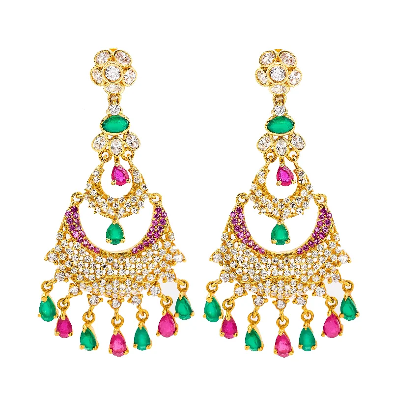 women's earrings with tear drop -22K Gold Chandbali Long Drop Earrings W/ Ruby, Cubic Zirconia & Emerald Stones