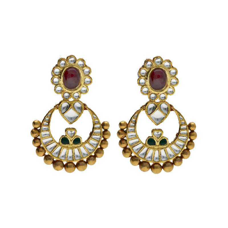 women's earrings with butterfly charm -22K Yellow Antique Gold Chandbali Pendant & Earrings Set W/ Kundan, Rubies & Emeralds