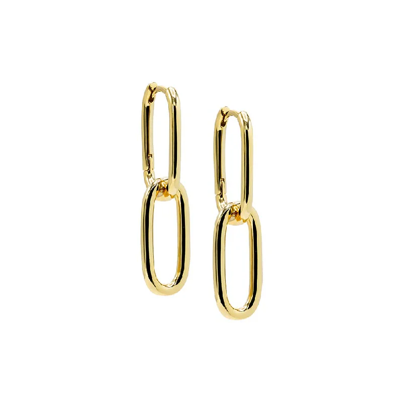 women's earrings hoop -Gold Solid Double U-Shape Drop Link Huggie Earring