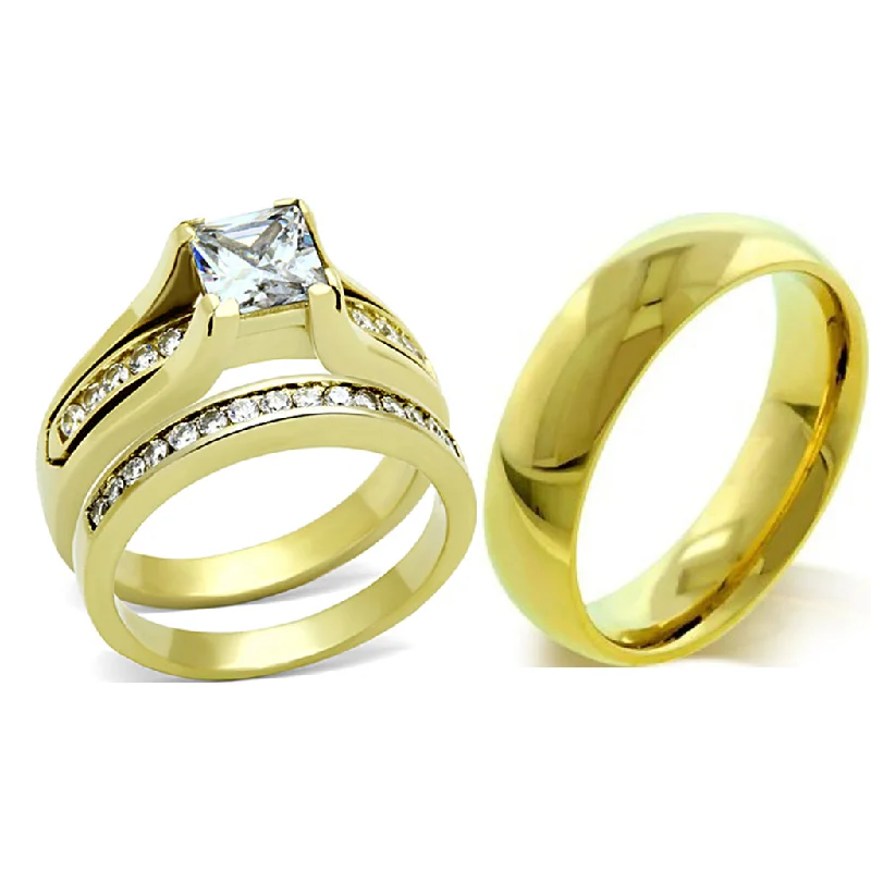 engagement rings with halo setting -His Hers 3 PCS Princess Cut CZ Gold IP Stainless Steel Wedding Set / Mens Gold IP Band