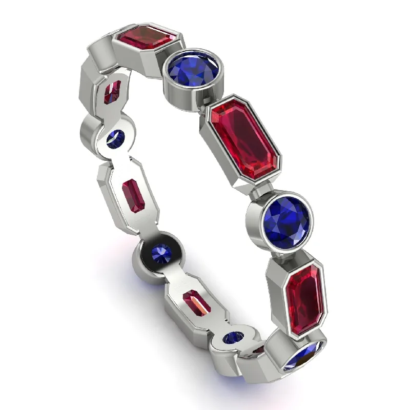 women's rings for anniversary -Emerald Cut Ruby Bezel Eternity Ring - Genevieve No. 72