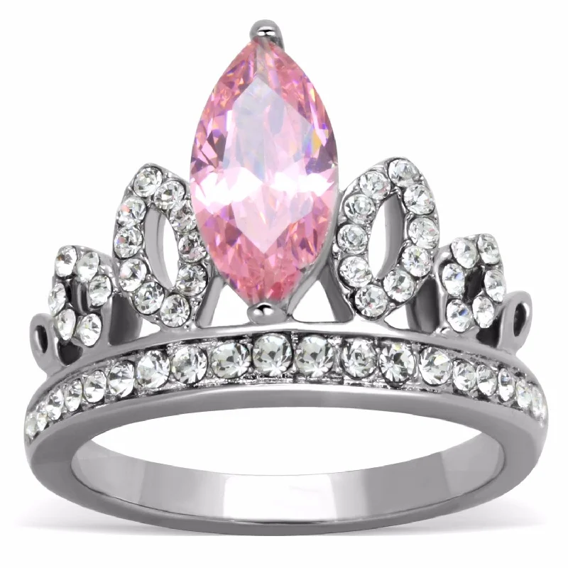 women's rings simple elegance -Women's 12x6mm Pink Marquise Cut CZ Center Crown Shape Stainless Steel Ring