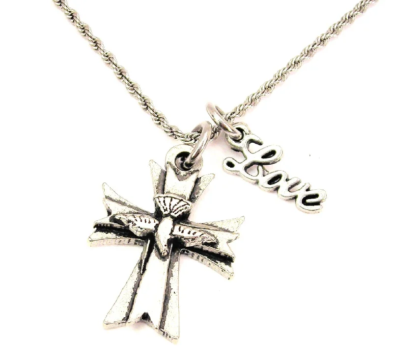 women's necklaces luxury jewelry -Diving Dove Cross 20" Chain Necklace With Cursive Love Accent