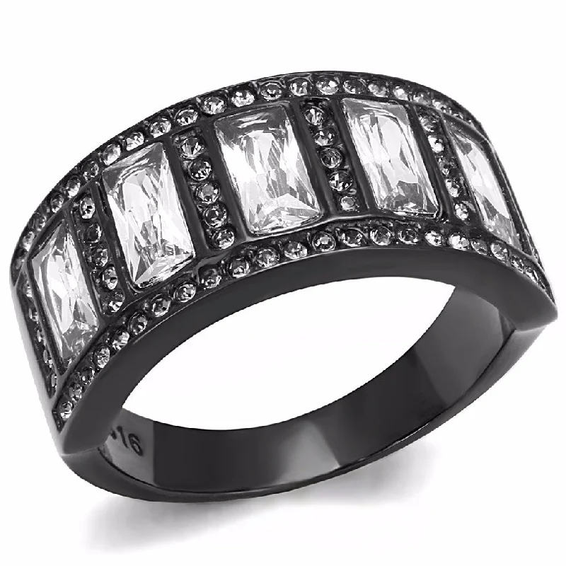 women's rings with vintage cut -5 Clear Baguette Cut CZ s Set in Black IP Stainless Steel Eternity Band