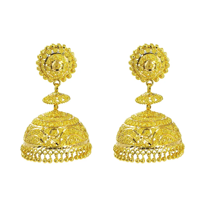 women's earrings hoop -22K Yellow Gold Jhumki Earrings W/ Textured Design & Round Petaled Pendant