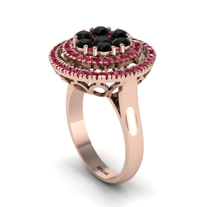 women's rings animal-shaped -Vintage Double Halo Black Diamond Cluster Ring - Nanette No. 53