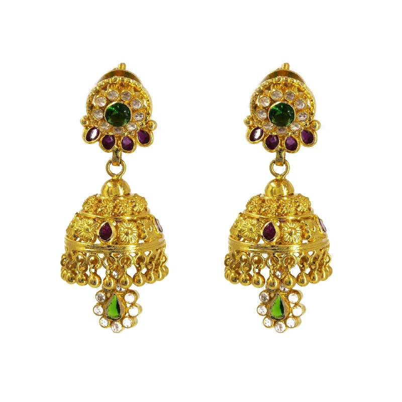 women's earrings with gold hoops -22K Yellow Gold Jhumki Drop Earrings W/ Ruby, Emerald, CZ & Flower Details