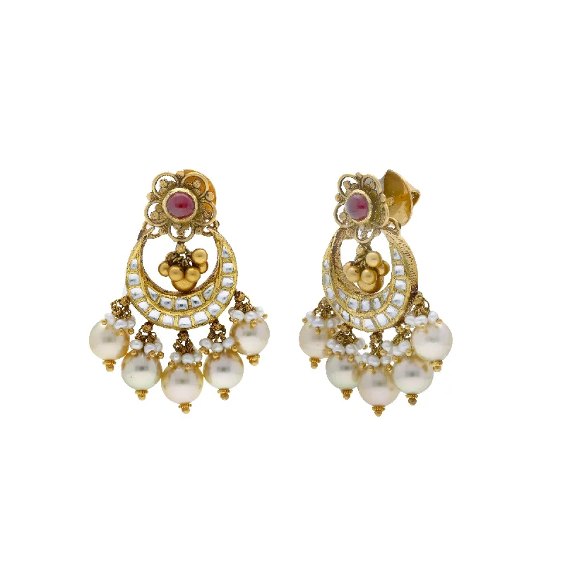 women's earrings with satin finish -22K Yellow Antique Gold Chandbali Pendant & Earrings Set W/ Kundan, Rubies & Pearls