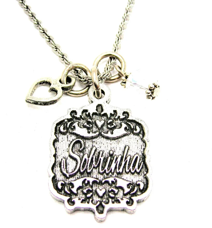 women's necklaces with sterling silver chain -Sobrinha Victorian Scroll With Open Heart And Crystal 20" Stainless Steel Rope Necklace