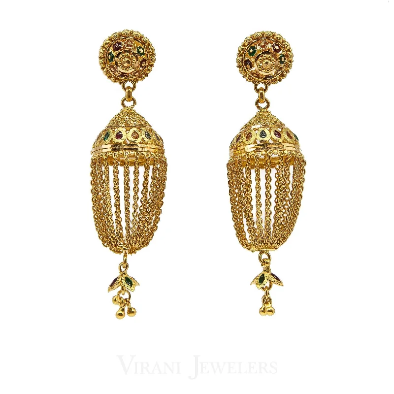 women's earrings with gemstones -22K Yellow Gold Jhumki Drop Earrings W/ Hanging Link Tassels