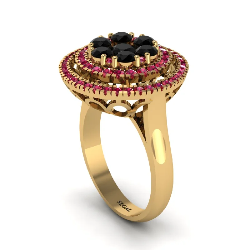 women's rings geometric design -Vintage Double Halo Black Diamond Cluster Ring - Nanette No. 52