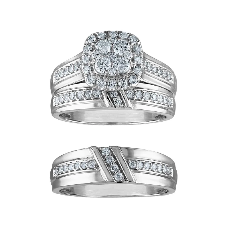 engagement rings with princess cut diamond -1 CTW Diamond Halo Wedding Trio Set in 10KT White Gold