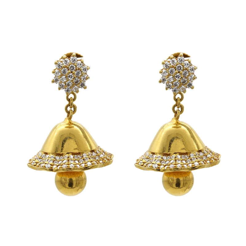 women's earrings with vintage style -22K Yellow Gold Jhumkis Bell Earrings W/ Cubic Zirconia Pavé