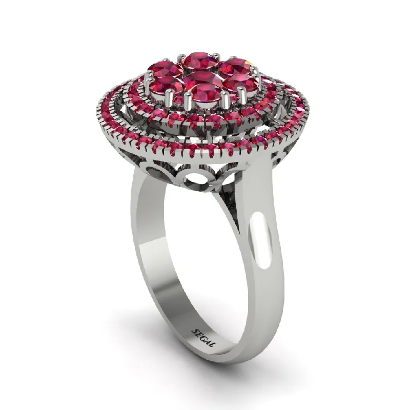 women's rings with halo diamonds -Vintage Double Halo Ruby Cluster Ring - Nanette No. 57