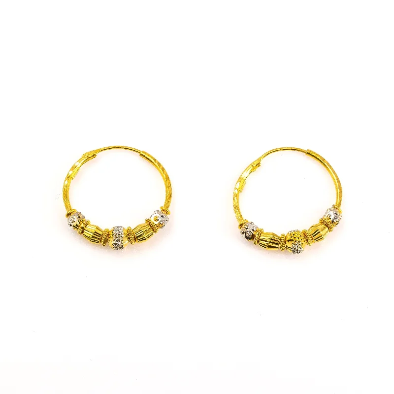 women's earrings delicate design -22K Two-Tone Gold Beaded Hoop Earrings W/ Diamond Cutting