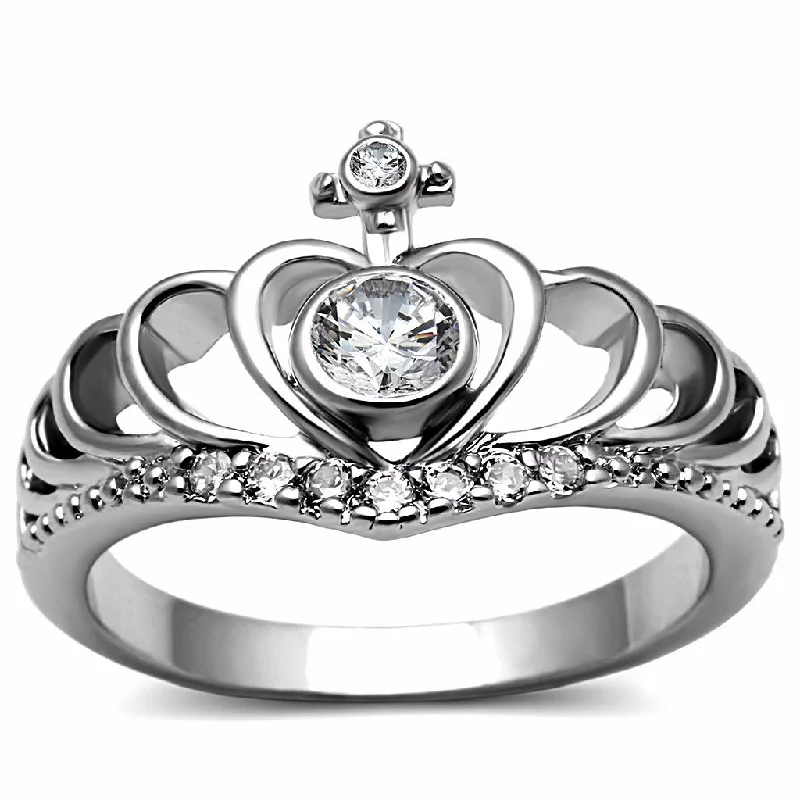 women's rings antique finish -Clear CZ Set in 316 Stainless Steel Womens Crown Ring