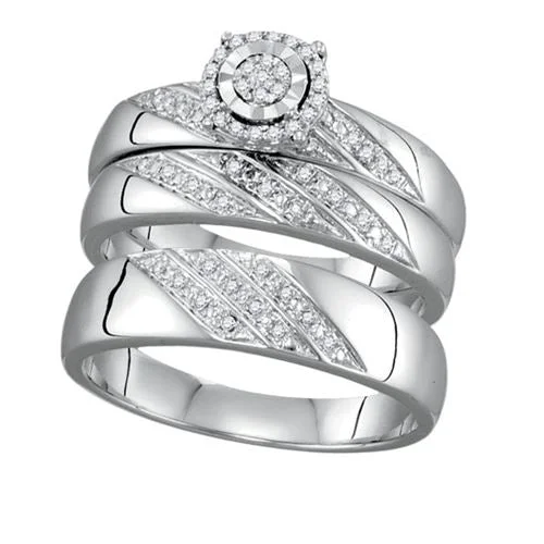 engagement rings with exclusive designs -1/5 CTW Diamond Halo Wedding Trio Set in 10KT White Gold